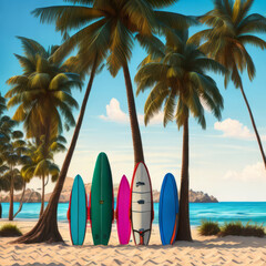 Surfboard and palm trees on a beach, summer vacation concept, generative ai illustration