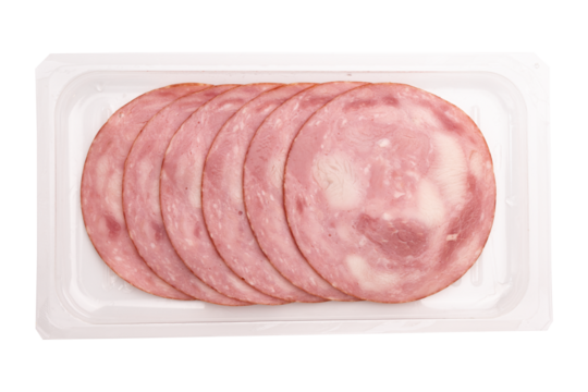 round pieces of ham in plastic packaging on white background, pork ham cut into slices, packaging template mockup collection