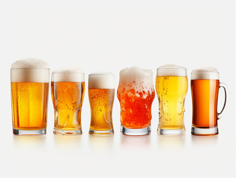 Frosty glasses of light beer set isolated on a white background, AI Generation
