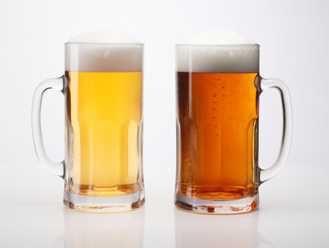 Two frosty glasses of light beer set isolated on a white background, AI Generation