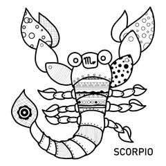 Scorpio Zodiac Sign Coloring Page. Hand Drawn Coloring Book in Steampunk Style. Coloring Sheet with Black and White Zen Art Scorpio Illustration.