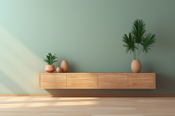 Mockup green wall background modern living room interior decor with a tv cabinet and plants mock up