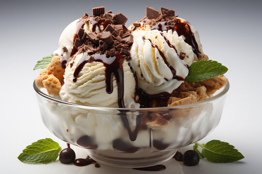 Ice cream with chocolate on white background, ultra detailed image, AI Generative