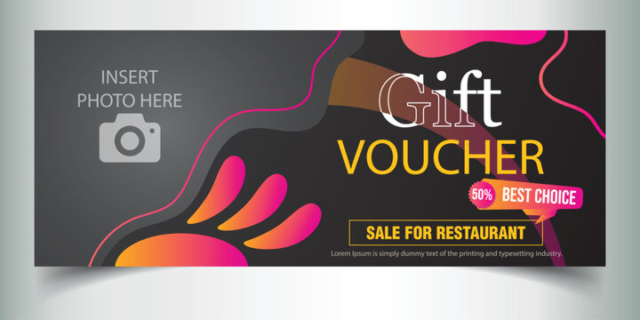 Vector Gift Voucher Template With An Arrow, A Diamond And A Place For The Image. Universal White And Black Flyer Template For Advertising A Gym Or Business. Blurred Photo For An Example