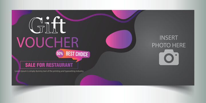 Design Of A Vector Gift Voucher With Diagonal Lines And A Place For The Image. Universal Flyer Template For Advertising Sports Nutrition. Blurred Photo For An Example.