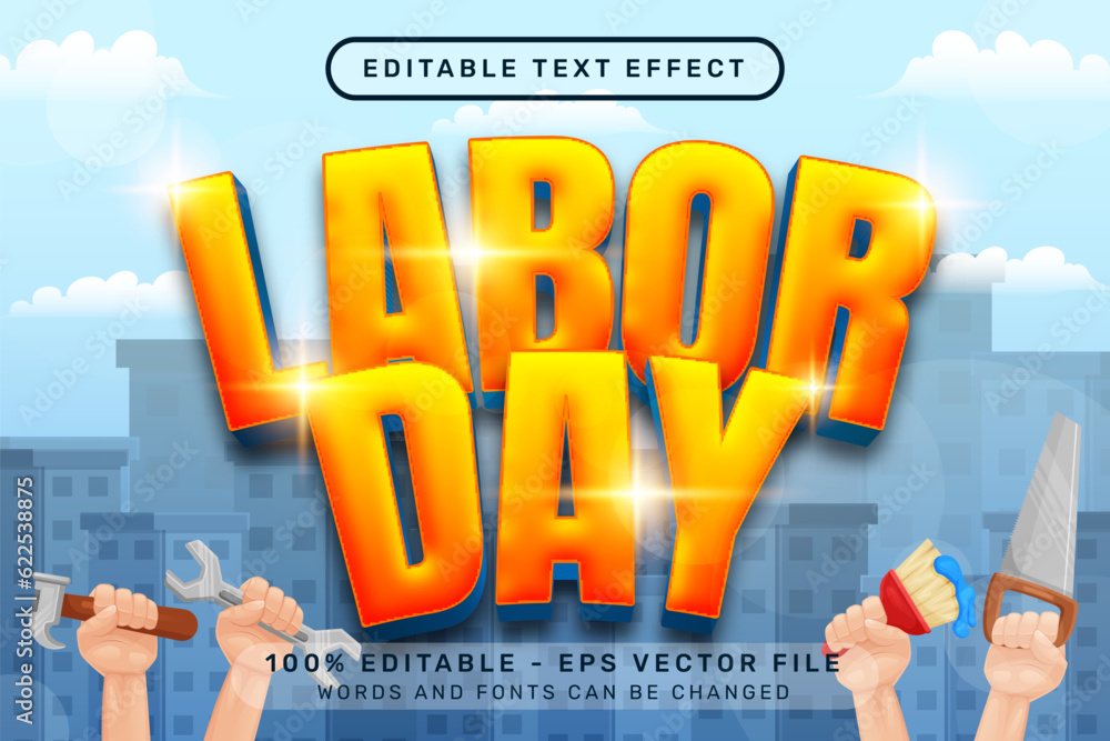 Aufkleber labor day 3d text effect and editable text effect with worker hand illustration