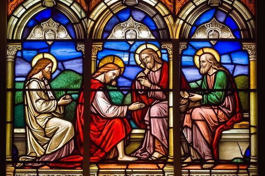 Inspirational scene of Jesus washing disciples' feet, depicted in a vibrant stained glass in a catholic church. Perfect for religious education context. Generative AI