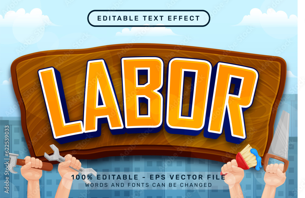 Aufkleber labor day 3d text effect and editable text effect with worker hand illustration