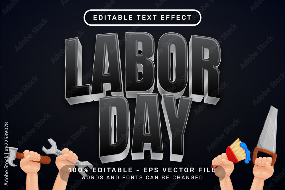 Aufkleber labor day 3d text effect and editable text effect with worker hand illustration