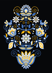 The Tree of Life Inspired by Ukrainian Traditional Embroidery. Ethnic Floral Motif, Handmade Craft Art. Traditional Ukrainian Yellow and Blue Embroidery. Single Design Element. Vector Illustration