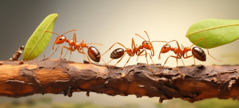 Animals insects background - Closeup of ants on branch in forest (Generative Ai)