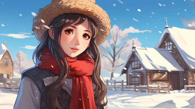 hand drawn cartoon girl illustration in winter snow scene
