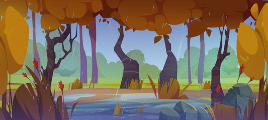 Cartoon forest rain landscape vector background. Water drop falling in rainy puddle. Woodland wildlife meadow with flower, autumn season tree and cold weather in beautiful game location design.