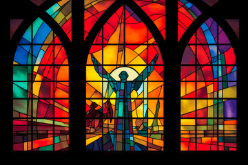 Majestic stained-glass depiction of Abraham's sacrifice scene, illuminating biblical teachings from Genesis 22, 1-14 within cathedral setting. Ideal for religious education. Generative AI