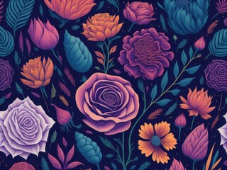 detailed pattern of pink and violet flowers on dark background, AI generated