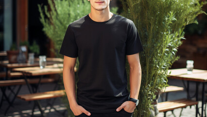 a young man wearing canvas black t-shirt and jeans used for design t-shirt template, and print presentation mockup created by generative AI