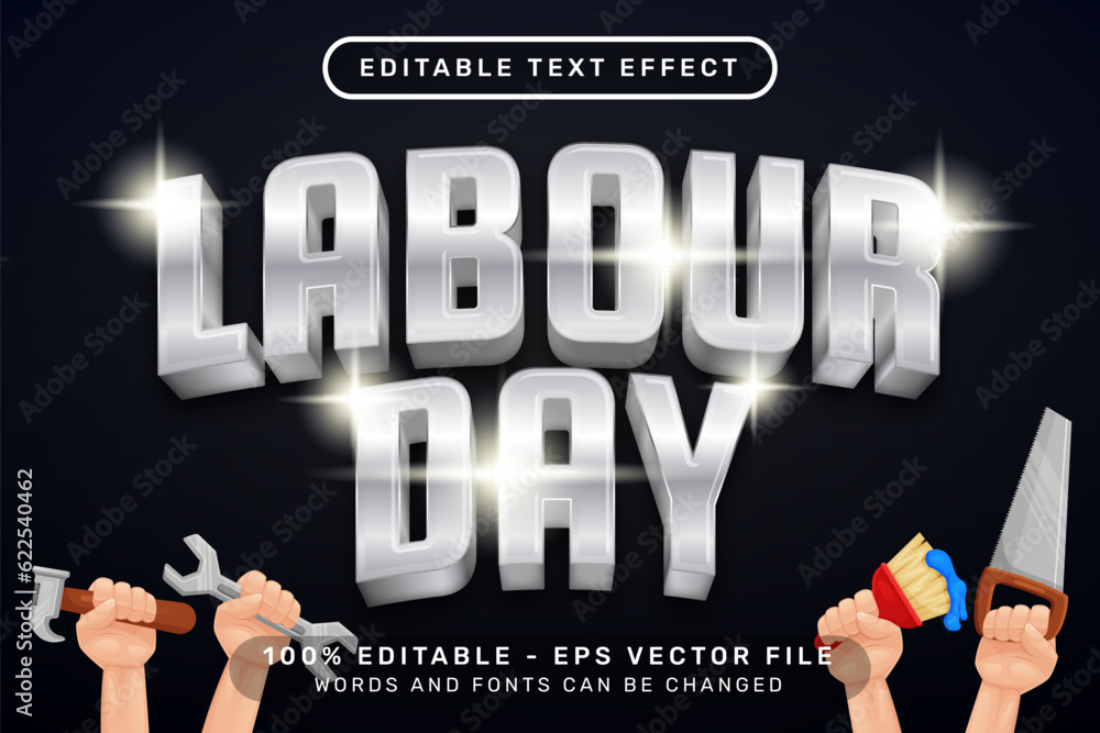 Aufkleber labor day 3d text effect and editable text effect with worker hand illustration