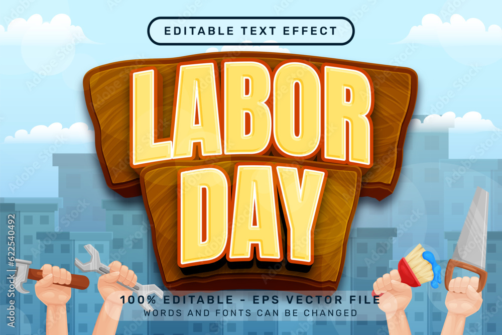 Aufkleber labor day 3d text effect and editable text effect with worker hand illustration