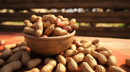 A bowl full of peanuts on wooden table