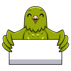 Cute green canary cartoon holding blank sign