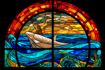 Vibrant stained-glass depiction of the iconic Biblical scene - Jonah and the Whale, cast in a Catholic cathedral, fostering spiritual education. Generative AI