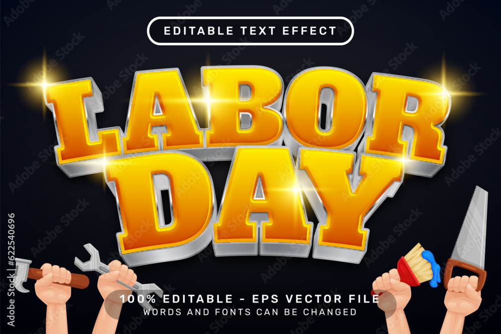 Aufkleber labor day 3d text effect and editable text effect with worker hand illustration