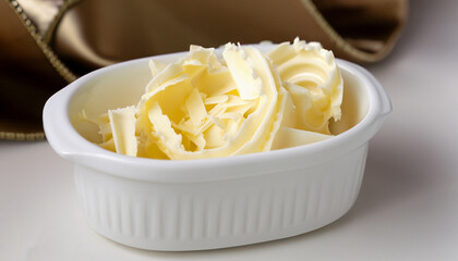 Rolled creamy butter shavings in an individual little white china ramikin for a formal catered...