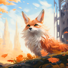 A portrait of fox, comic drawing water color, generative AI.
