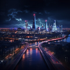 Fototapeta na wymiar London skyline at night full wide shot hyper hd wallpaper 