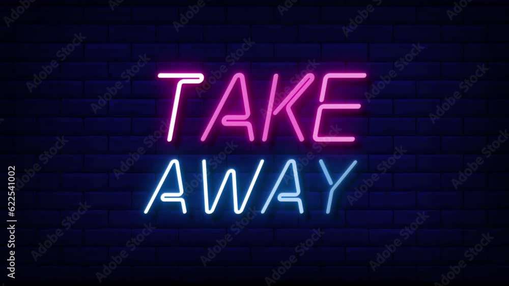 Poster take away neon light text on brick wall background motion animation. glowing large text concept loop