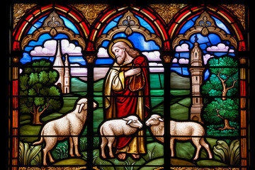Enthralling stained glass scene of the Parable of the Lost Sheep, Luc 15:1-7 reference, in a grand Catholic cathedral for educational catechism study. Generative AI