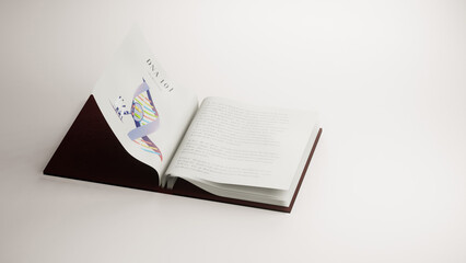 3D Render of DNA Guidebook opening to reveal illustration and text about DNA