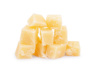 Swiss cheese cubes on white background