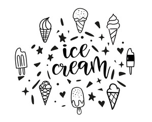 Ice cream icons. Typography, black letters isolated on white background. Vector type illustration. Logo for ice cream, labels, stickers and badges. Hand drawn ice cream text and doodle set.