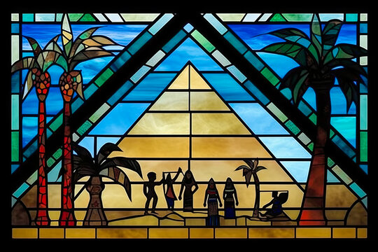 Captivating stained-glass representation of ancient Egyptians engrossed in pyramid construction, an exquisite blend of minimalist art and historical grandeur. Generative AI