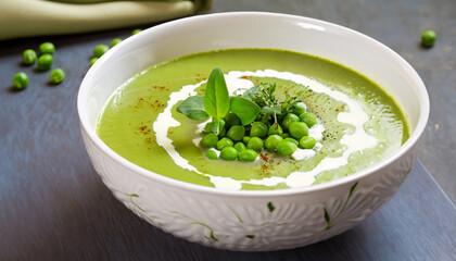 Bowl of healthy green pea soup topped with cream and fresh herbs served as a starter