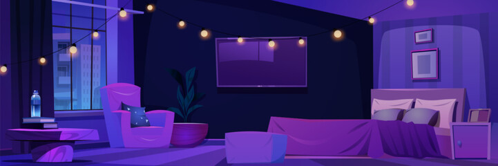 Night cozy hotel bedroom cartoon vector interior background. Empty modern bed room apartment with garland, pillow and television on wall. Purple indoor design concept with water bottle on nightstand