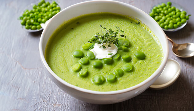 Bowl of healthy green pea soup topped with cream and fresh herbs served as a starter