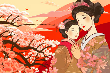 Charming Ukiyo-e style artwork of a mother and daughter, with graceful curves, flat colors and elements from nature. Perfect for Mother's Day. Generative AI