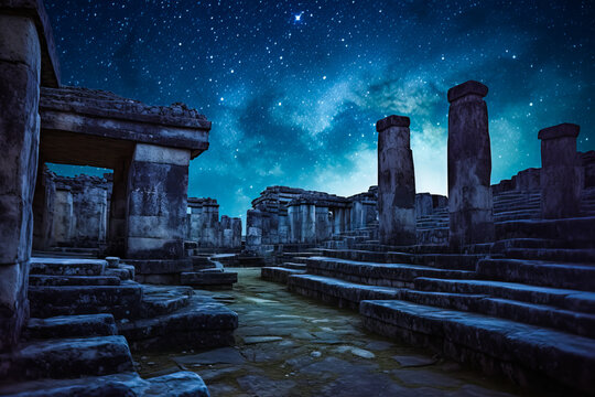Mystical Mayan ruins in dramatic shades of gray, starkly contrasting with the vibrant hues of the Milky Way sky. A stirring blend of antiquity and cosmos. Generative AI