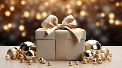 Beige box with ribbon, gift concept
