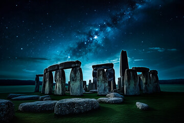 Mystical Stonehenge under a star-aligned sky, deep blue hue beautifully contrasts with austere grey monoliths. Generative AI