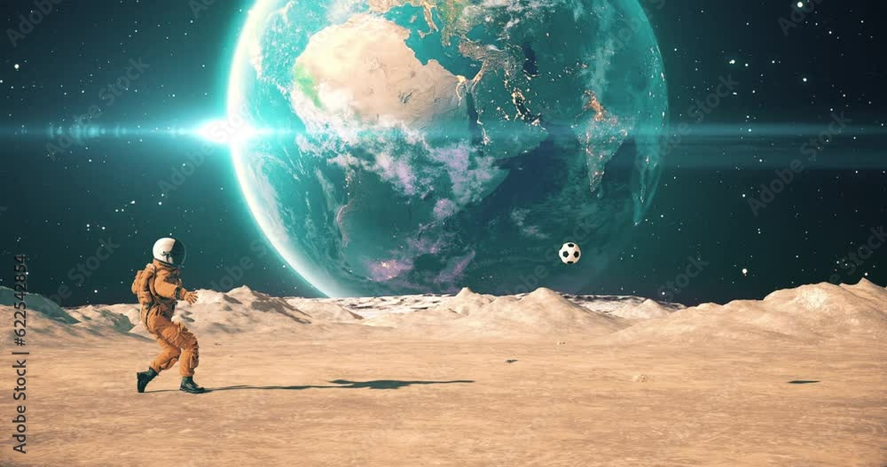 Wall mural male astronaut in space suit on an alien planet playing football. shooting slowly. space related maj