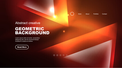 Abstract background landing page, glass geometric shapes with glowing neon light reflections, energy effect concept on glossy forms