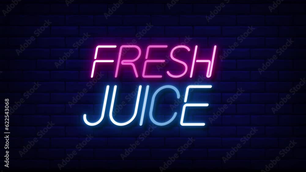Poster fresh juice neon light text on brick wall background motion animation. glowing large text concept lo