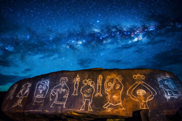 Mystical ancient Native American petroglyphs under vibrant galaxy sky. Emotive blend of rich natural tones and celestial bodies, highlighting cultural astronomy. Generative AI