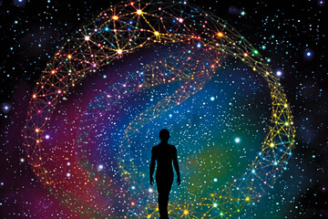 Stunning human silhouette filled with galaxies, pierced by DNA strand; depicting quantum biology through ravishing cosmic bodies against rich black void. Generative AI