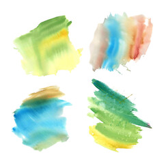 A set of spots. Watercolor illustration. Multicolored brushstrokes. Juicy splashes.