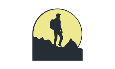 Mountain climber hiking or trekking with backpack walking in mountain silhouette mountain logo