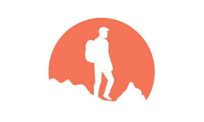 Mountain climber hiking or trekking with backpack walking in mountain silhouette mountain logo